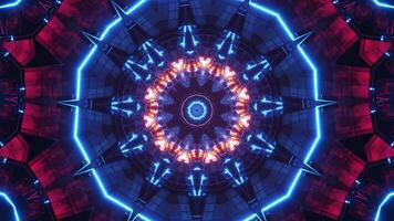 Circular animation of pattern with neon lights in the center. Kaleidoscope VJ loop video