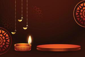 3d podium and oil lamp design for shubh diwali festival of lights vector