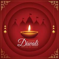 traditional happy diwali red background with burning diya and temple shadow vector