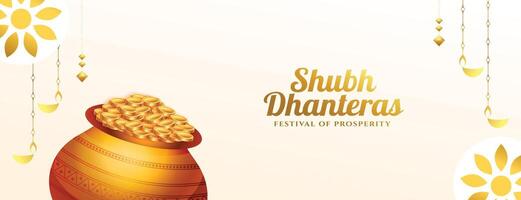 beautiful happy dhanteras golden coin kalasha banner design vector