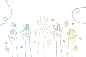 line style colorful volunteers group hands up with love heart vector