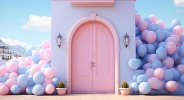 ai generado azul puerta y globos encima rosado pared foto
