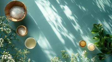 AI generated Spa cosmetic products concept with a flat lay spa background, offering a space for text photo