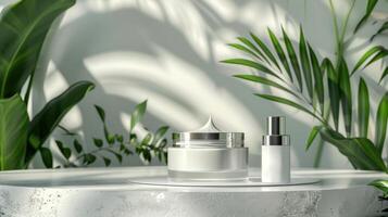 AI generated Cosmetic cream for hydration displayed on a white platform with a plant photo