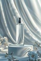 AI generated Transparent, realistic cosmetic spray bottle on a clean background, showcasing purity and simplicity. photo