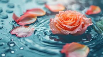 AI generated Rose floating in water, spa background with space for text photo