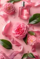 AI generated Elegant pink camellia featured in Camellia cosmetic ads, along with cream bottle and ribbons photo