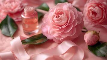 AI generated Elegant pink camellia featured in Camellia cosmetic ads, along with cream bottle and ribbons photo