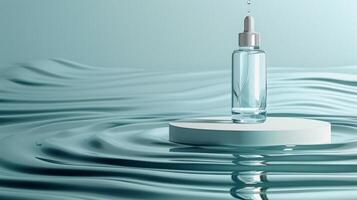 AI generated Illustration of a cosmetic droplet bottle showcased on a podium against a backdrop of rippling water photo