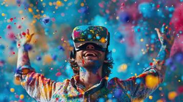 AI generated A young man is wearing virtual reality glasses and dancing amidst colorful splashes of paint photo