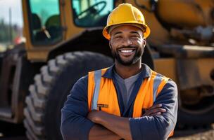 AI generated construction worker standing in front of bulldozer on a construction site photo