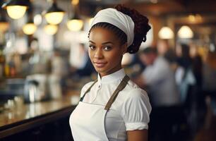 ai generado sonriente cocinero en restaurante cocina foto