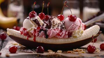 AI generated a banana split, with scoops of vanilla, chocolate, and strawberry ice cream, topped with whipped cream and cherries photo