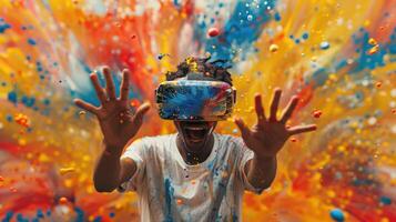 AI generated A young man is wearing virtual reality glasses and dancing amidst colorful splashes of paint photo