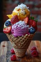 AI generated a waffle cone filled with scoops of colorful sorbet, topped with fresh fruit and a sprinkle of coconut photo