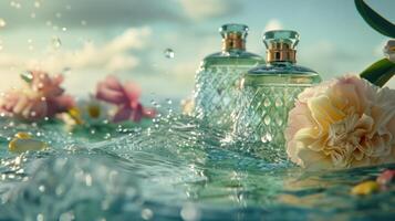 AI generated Ads featuring elegant perfume glass bottles displayed on the surface of water photo