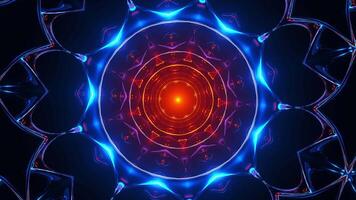 Blue and red circular pattern with bright light. Kaleidoscope VJ loop video
