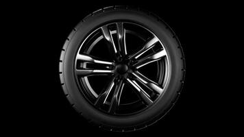 Spinning car wheel. Black rubber automotive tire. Auto service concept, changing wheels. Loop animation video