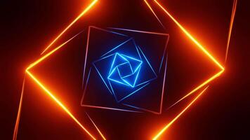 Blue and orange square neon tunnel. Infinitely looped animation video
