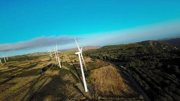 Wind power plant in fpv aerial view video