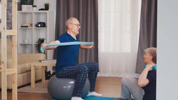 Energetic senior couple training in home using dumbbells and stability ball. Old person healthy lifestyle exercise at home, workout and training, sport activity at home video