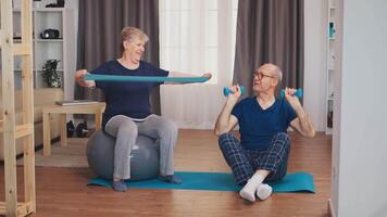Cheerful senior couple training together on yoga mat. Old person healthy lifestyle exercise at home, workout and training, sport activity at home video