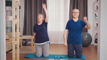 Senior casal desfrutando seus fisica Treinamento junto. velho pessoa saudável estilo de vida exercício às lar, exercite-se e treinamento, esporte atividade às casa video