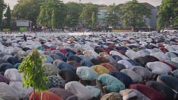 Denpasar, Indonesien, zirka 2023 - - tausend von Muslim Muslime versammeln feiern Islam eid al-fitr Salah beten im ein Park im denpasar Stadt Bali, Indonesien video