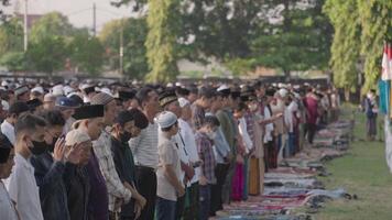 Denpasar, Indonésia, cerca de 2023 - mil do muçulmano muçulmanos reunir comemoro islamismo eid al-fitr salah Rezar dentro uma parque dentro denpasar cidade Bali, Indonésia video