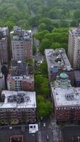 snygg bostads- område med parkera Bakom. grön natur område i de metropol av ny york. topp se. vertikal video