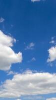 White soft clouds quickly transforming in the sky. Low angle view timelapse on summer daytime. Vertical video