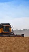 modern gul-och-svart tröskor kombinera rör på sig de jordbruks fält. arbetssätt maskineri på en upptagen skörda säsong. två kombinerare körning de fordon. vertikal video