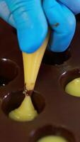 moldes ya cubierto con chocolate son lleno con blanco Relleno. enguantado mano apretones el relleno dentro el moldes desde Pastelería bolsa. cerca arriba. vertical vídeo video