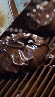 Marshmallows coated with liquid chocolate move under the flow of air. Chocolate desserts on the conveyor grid. Close up. Vertical video