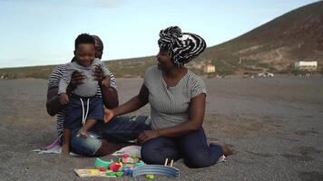 en man och kvinna har roligt på de strand med en bebis video