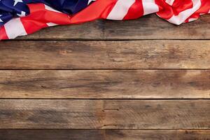 Vintage American Flag on Weathered Brown Wooden Table photo
