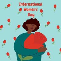 oscuro piel mujer sostener un rojo Rosa. internacional De las mujeres día. marzo 8. usado para saludo tarjeta, y póster diseño. vector