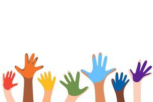 Set of colorful children hands raised up. Different skin tone hands with rainbow paint on in. vector