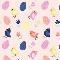 Cute Easter pattern with bird, flowers and easter colored eggs. Hand draw Easter vector pattern.