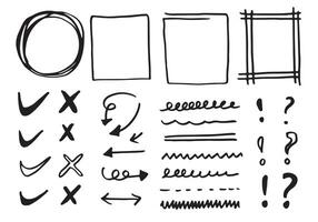 Doodle vector lines and curves.Hand drawn check and arrows signs. Set of simple doodle lines, curves, frames and spots. Collection of pencil effects. Doodle border. Si