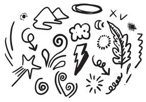 Hand drawn doodle design elements, black on white background. hill, swoops, emphasis, Arrow, star, line. doodle sketch design elements. vector