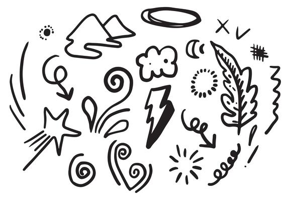 Hand drawn doodle design elements, black on white background. hill, swoops, emphasis, Arrow, star, line. doodle sketch design elements.