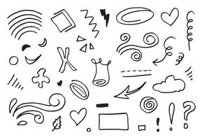 leaves, hearts, abstract, ribbons, arrows and other elements in hand drawn styles for concept designs. Doodle illustration. Vector template for decoration