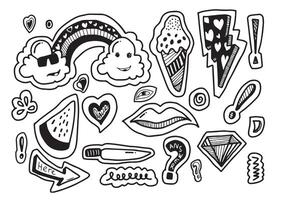 Collection of stickers with doodle style. Set of cartoon stickers, patches, badges, pins, prints for kids. Doodle style. Vector illustration.