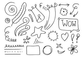 Hand drawn doodle design elements, black on white background. wind, swoops, emphasis, Arrow, crown, line. doodle sketch design elements. vector