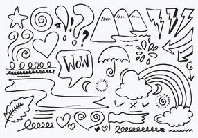 Hand drawn doodle design elements, black on white background. rainbow, swoops, emphasis, Arrow, hill, line. doodle sketch design elements. vector