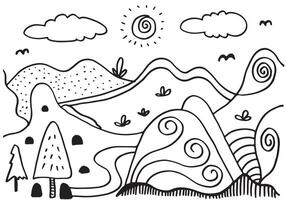 Cute cartoon meadow with mountains, plants, clouds and sun.kids coloring page. vector