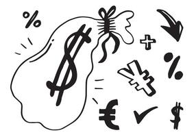 Set of hand drawn the most popular currency symbol. Dollar, euro, yen doodle vector illustration.