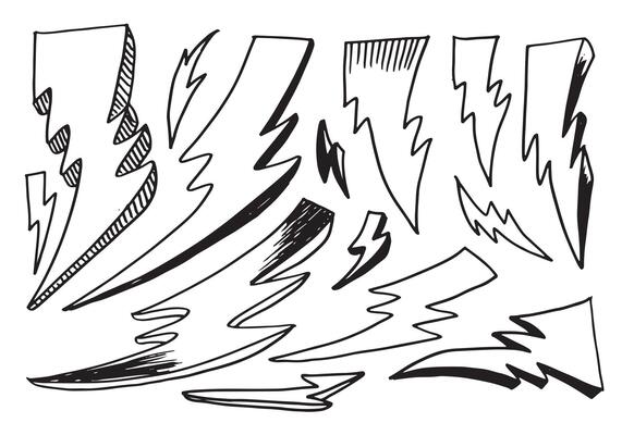 set of hand drawn vector doodle electric lightning bolt symbol sketch illustrations. thunder symbol doodle icon.