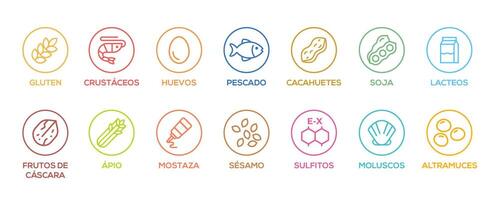 Simple Isolated Vector Logo Set Badge Ingredient Warning Label. Colorfull Allergens icons. Food Intolerance. The 14 allergens required to declare written in spanish